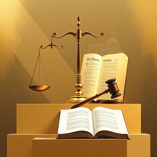 An intellectual and abstract representation of constitutional law philosophy, incorporating symbolic elements such as a large scale of justice, a grand and open constitution book, and a gavel