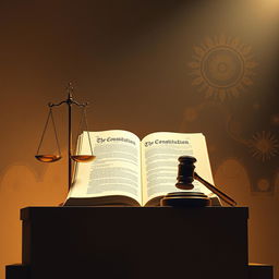 An intellectual and abstract representation of constitutional law philosophy, incorporating symbolic elements such as a large scale of justice, a grand and open constitution book, and a gavel