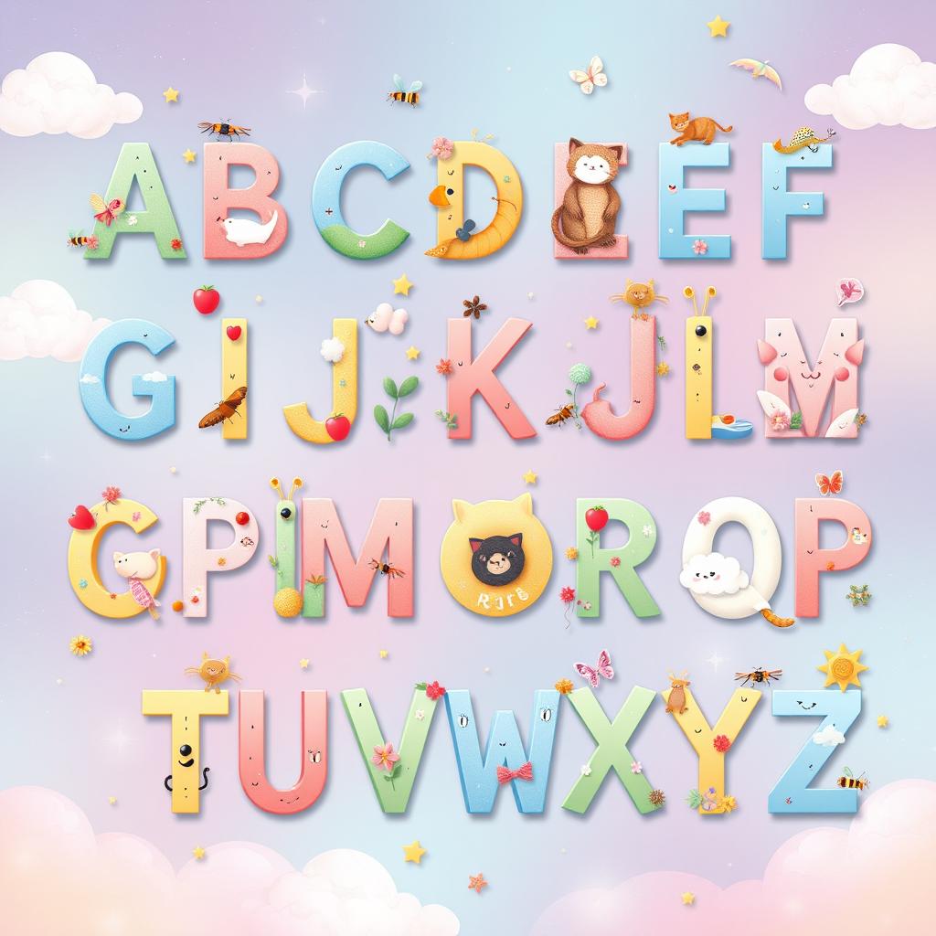 A beautiful and imaginative illustration featuring the entire alphabet, each letter artistically integrated with charming and whimsical elements