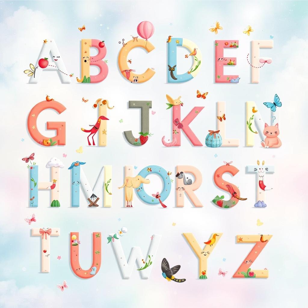 A beautiful and imaginative illustration featuring the entire alphabet, each letter artistically integrated with charming and whimsical elements