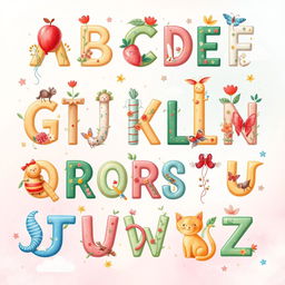 A beautiful and imaginative illustration featuring the entire alphabet, each letter artistically integrated with charming and whimsical elements