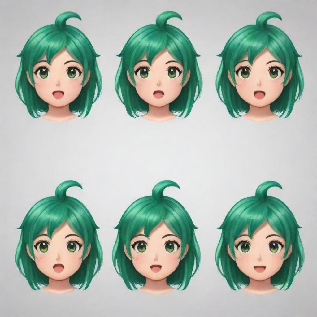 Create five different anime style emoticons with green hair. Each emoticon should represent a unique expression.