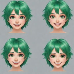 Create five different anime style emoticons with green hair. Each emoticon should represent a unique expression.