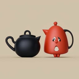 A whimsical animation-style pot playfully accusing a kettle of being black.