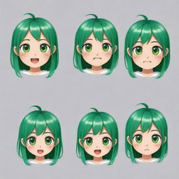 Create five different anime style emoticons with green hair. Each emoticon should represent a unique expression.