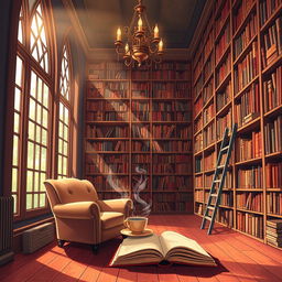 An enchanting illustration of a cozy library filled with an extensive collection of books