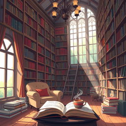 An enchanting illustration of a cozy library filled with an extensive collection of books