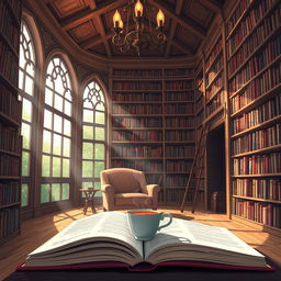 An enchanting illustration of a cozy library filled with an extensive collection of books