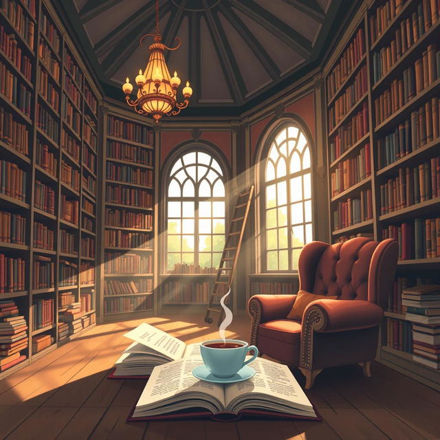 An enchanting illustration of a cozy library filled with an extensive collection of books