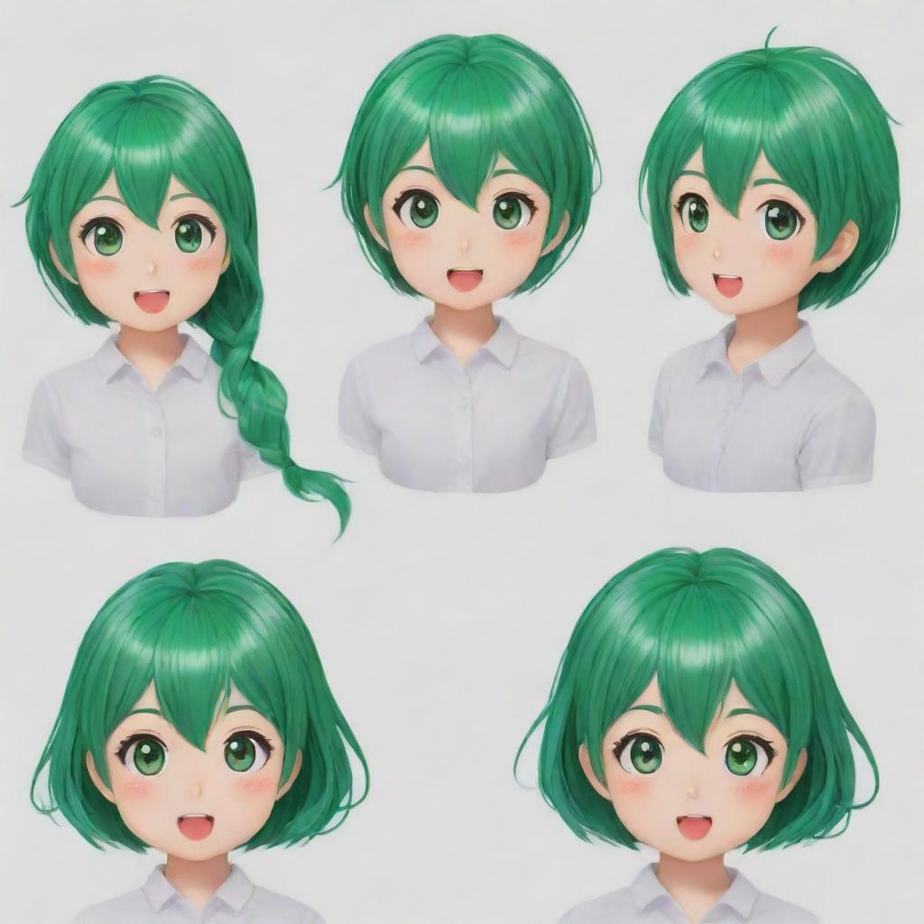 Create five different anime style emoticons with green hair. Each emoticon should represent a unique expression.