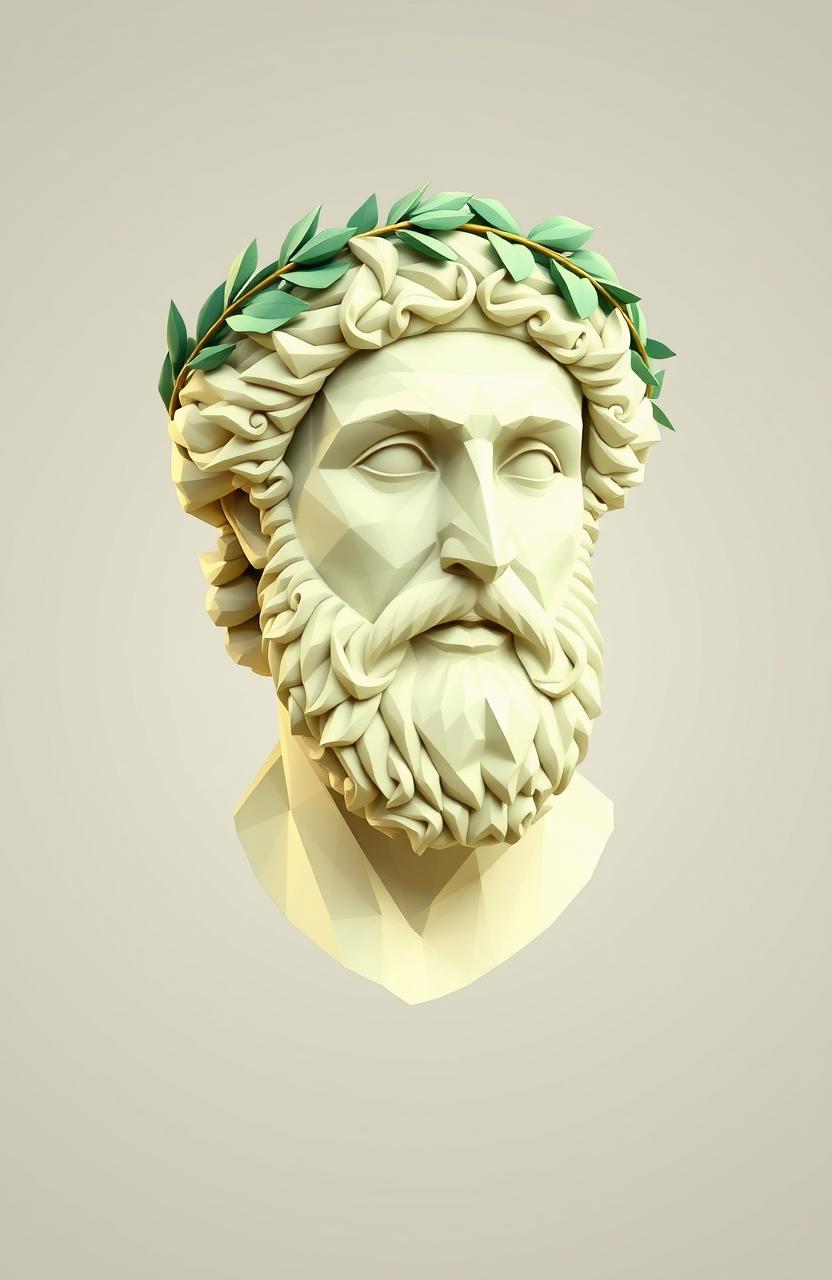 A creative low poly representation of Aristotle's bust adorned with a laurel wreath