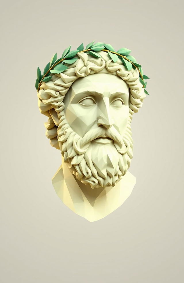 A creative low poly representation of Aristotle's bust adorned with a laurel wreath