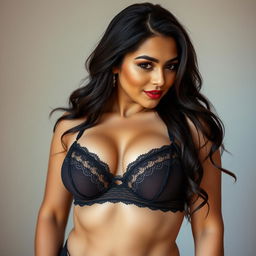 A beautiful 25-year-old Latina woman in lingerie, showcasing her voluptuous physique with an alluring and sensual expression.