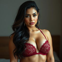 A beautiful 25-year-old Latina woman in lingerie, showcasing her voluptuous physique with an alluring and sensual expression.