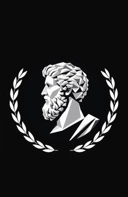 Logo design featuring Aristotle's bust, surrounded by a circular laurel wreath, all depicted in a low poly style