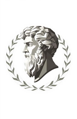 Logo design featuring Aristotle's bust, surrounded by a circular laurel wreath, all depicted in a low poly style