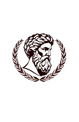 Logo design featuring Aristotle's bust, surrounded by a circular laurel wreath, all depicted in a low poly style