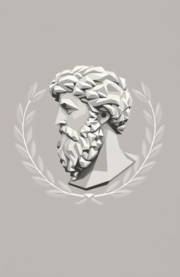 Logo design featuring Aristotle's bust, surrounded by a circular laurel wreath, all depicted in a low poly style