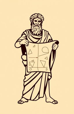 Logo design featuring Aristotle holding a scroll made of geometric shapes