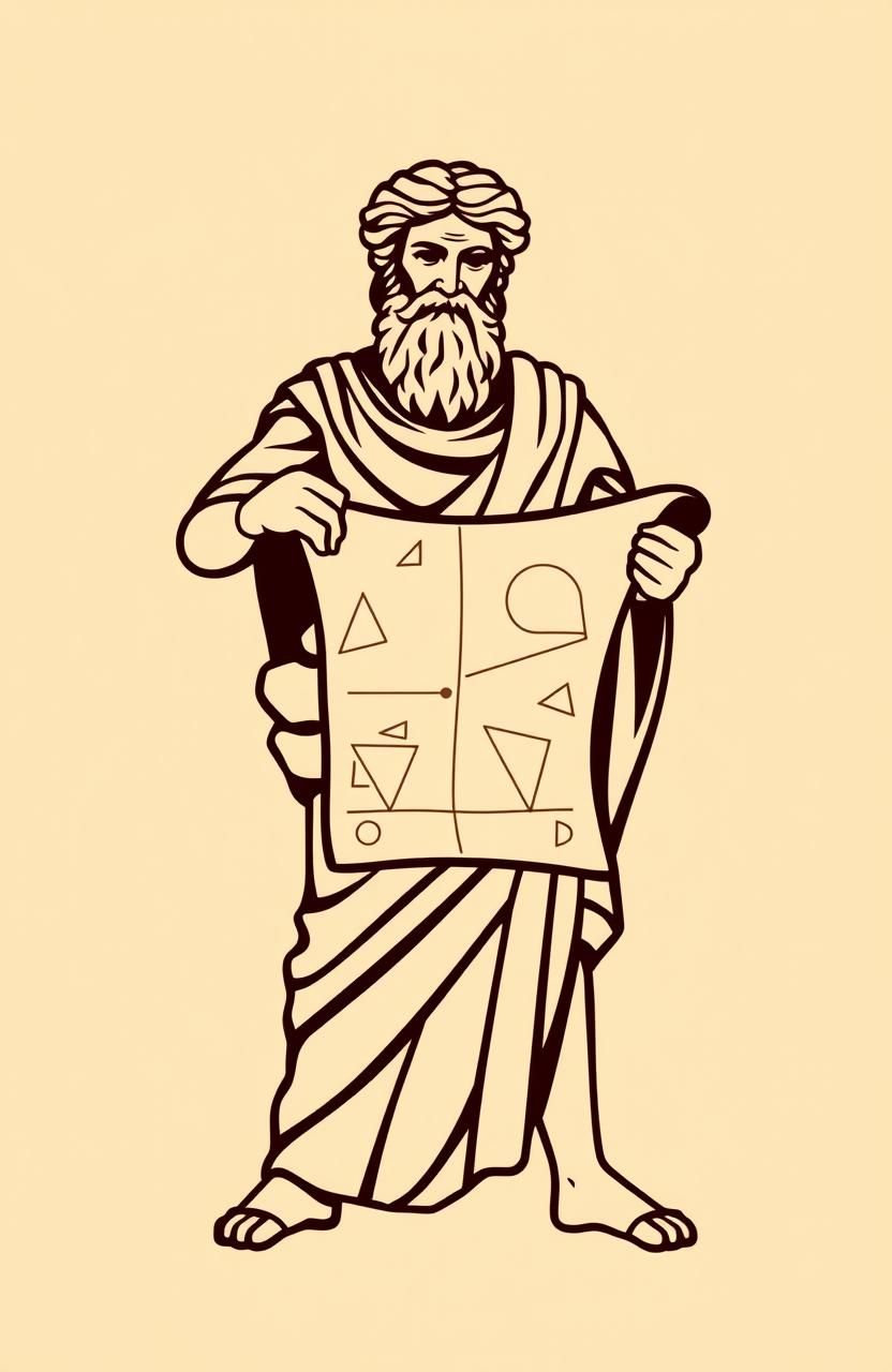 Logo design featuring Aristotle holding a scroll made of geometric shapes