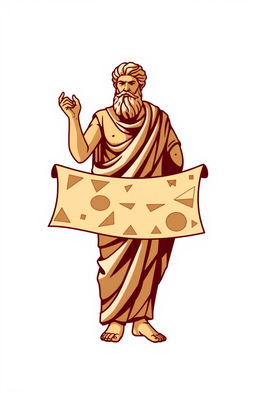 Logo design featuring Aristotle holding a scroll made of geometric shapes