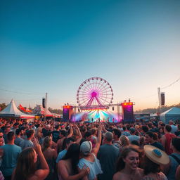 A vibrant and lively music festival scene with a large crowd of diverse people enjoying the music and dancing