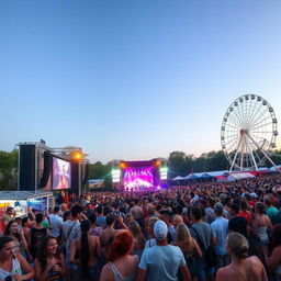 A vibrant and lively music festival scene with a large crowd of diverse people enjoying the music and dancing