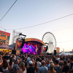 A vibrant and lively music festival scene with a large crowd of diverse people enjoying the music and dancing