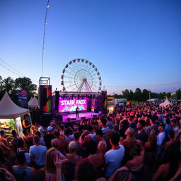 A vibrant and lively music festival scene with a large crowd of diverse people enjoying the music and dancing