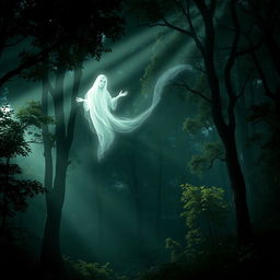 A mystical depiction of a ghostly spirit floating in a serene forest