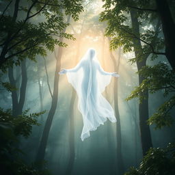 A mystical depiction of a ghostly spirit floating in a serene forest