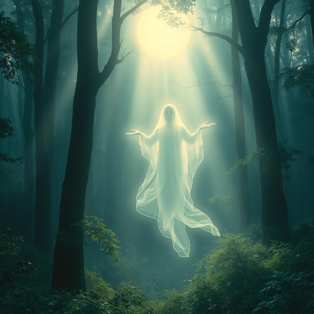 A mystical depiction of a ghostly spirit floating in a serene forest