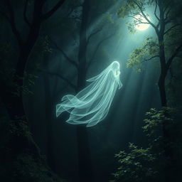 A mystical depiction of a ghostly spirit floating in a serene forest