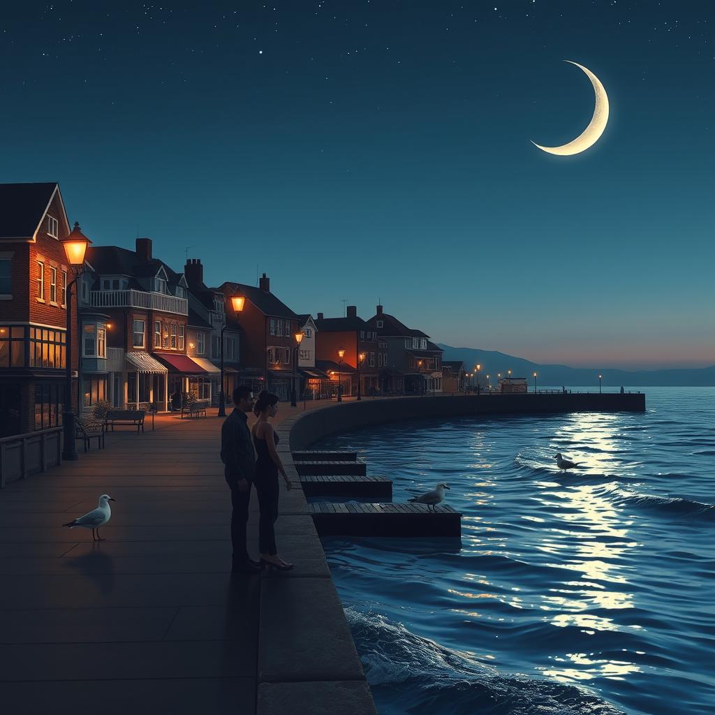 A quiet evening scene capturing a coastal town illuminated by streetlights and the silvery glow of the crescent moon