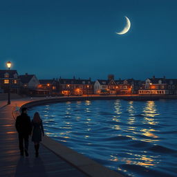 A quiet evening scene capturing a coastal town illuminated by streetlights and the silvery glow of the crescent moon