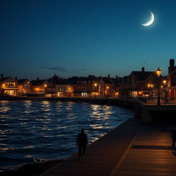 A quiet evening scene capturing a coastal town illuminated by streetlights and the silvery glow of the crescent moon