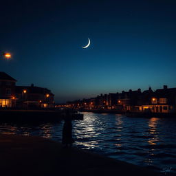 A quiet evening scene capturing a coastal town illuminated by streetlights and the silvery glow of the crescent moon