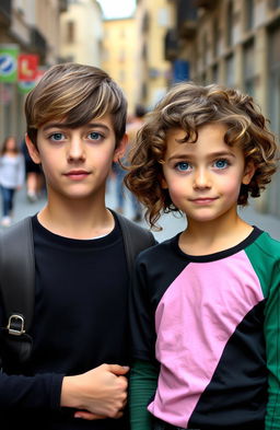 Alejandro, a 14-year-old boy with brown hair and blond tips, dressed in black clothes and having striking grey eyes, stands next to Valentina, his 14-year-old sister