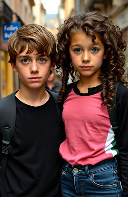 Alejandro, a 14-year-old boy with brown hair and blond tips, dressed in black clothes and having striking grey eyes, stands next to Valentina, his 14-year-old sister