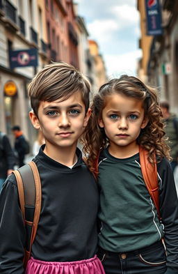 Alejandro, a 14-year-old boy with brown hair and blond tips, dressed in black clothes and having striking grey eyes, stands next to Valentina, his 14-year-old sister