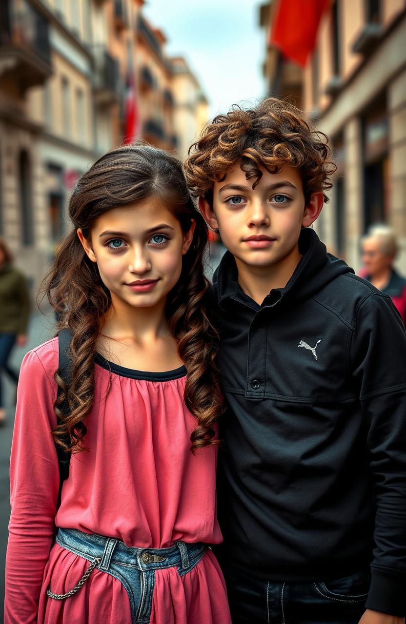 Alejandro, a 14-year-old boy with brown hair and blond tips, dressed in black clothes and having striking grey eyes, stands next to Valentina, his 14-year-old sister