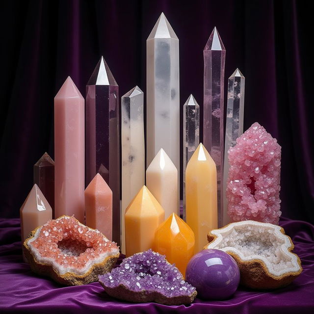 A luxurious and elegant arrangement of 15 large crystals, each with distinct forms such as pillars, spheres, geodes, and towers, inspired by crystals from Karma Living