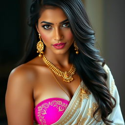 A beautiful Indian woman with a sensual expression, wearing an elegant white saree adorned with intricate embroidery