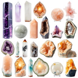 A stunning collection of 15 large, diverse crystals, each uniquely formed as pillars, spheres, geodes, and towers, inspired by Karma Living's collection