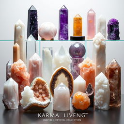 A stunning collection of 15 large, diverse crystals, each uniquely formed as pillars, spheres, geodes, and towers, inspired by Karma Living's collection