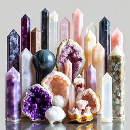 A stunning collection of 15 large, diverse crystals, each uniquely formed as pillars, spheres, geodes, and towers, inspired by Karma Living's collection