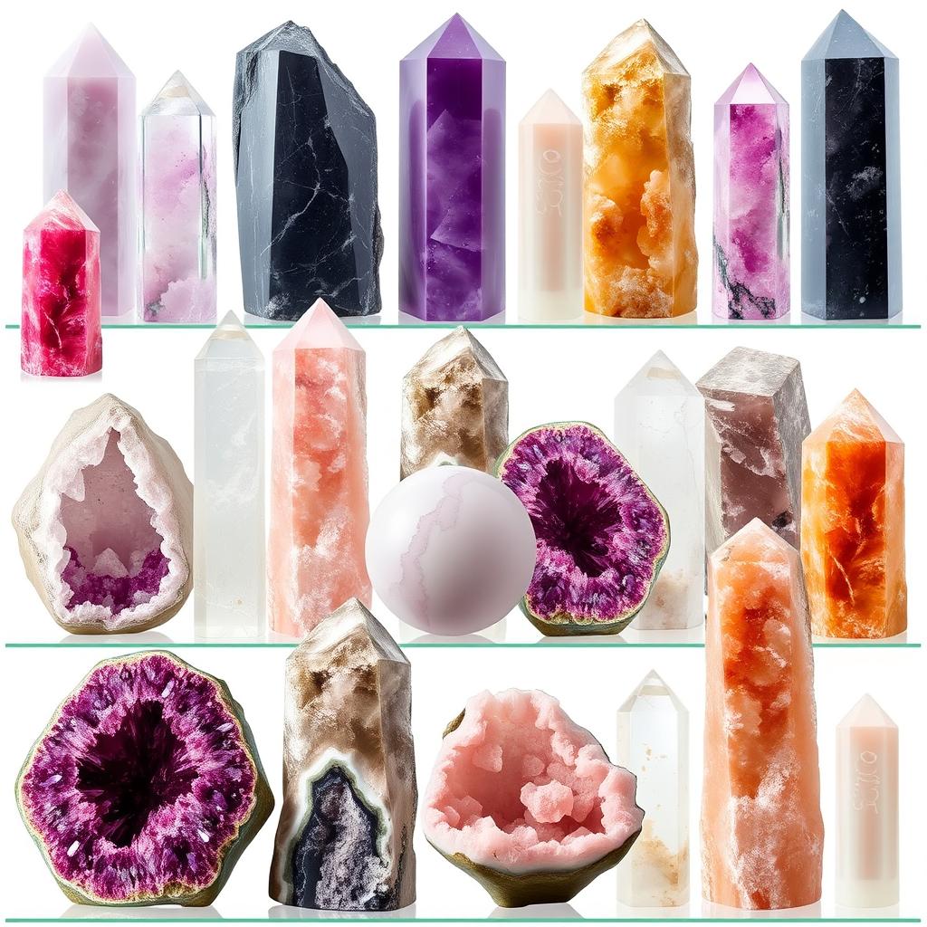 A stunning collection of 15 large, diverse crystals, each uniquely formed as pillars, spheres, geodes, and towers, inspired by Karma Living's collection