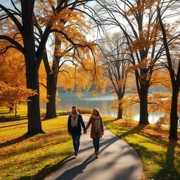 A charming autumn landscape with golden amber leaves falling gently from tall, ancient trees