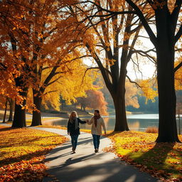 A charming autumn landscape with golden amber leaves falling gently from tall, ancient trees