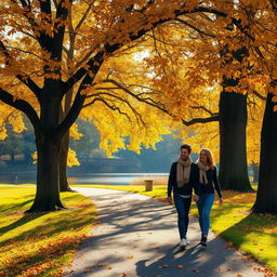 A charming autumn landscape with golden amber leaves falling gently from tall, ancient trees